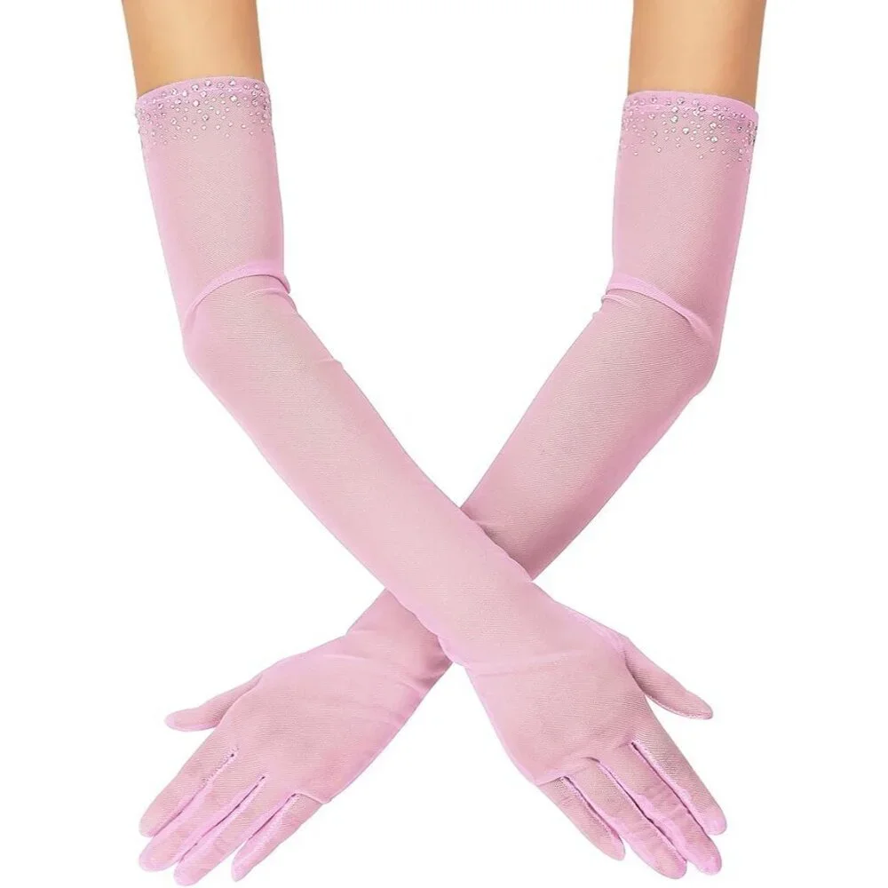 Women's Sexy Pearl Pink Beaded Long Gloves Tulle Mesh Wedding Party Prom